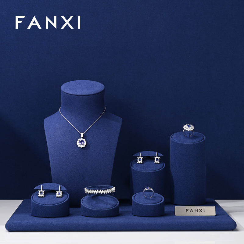 FANXI Blue Microfiber Earrings Ring Necklace Jewelry Display Set TT311