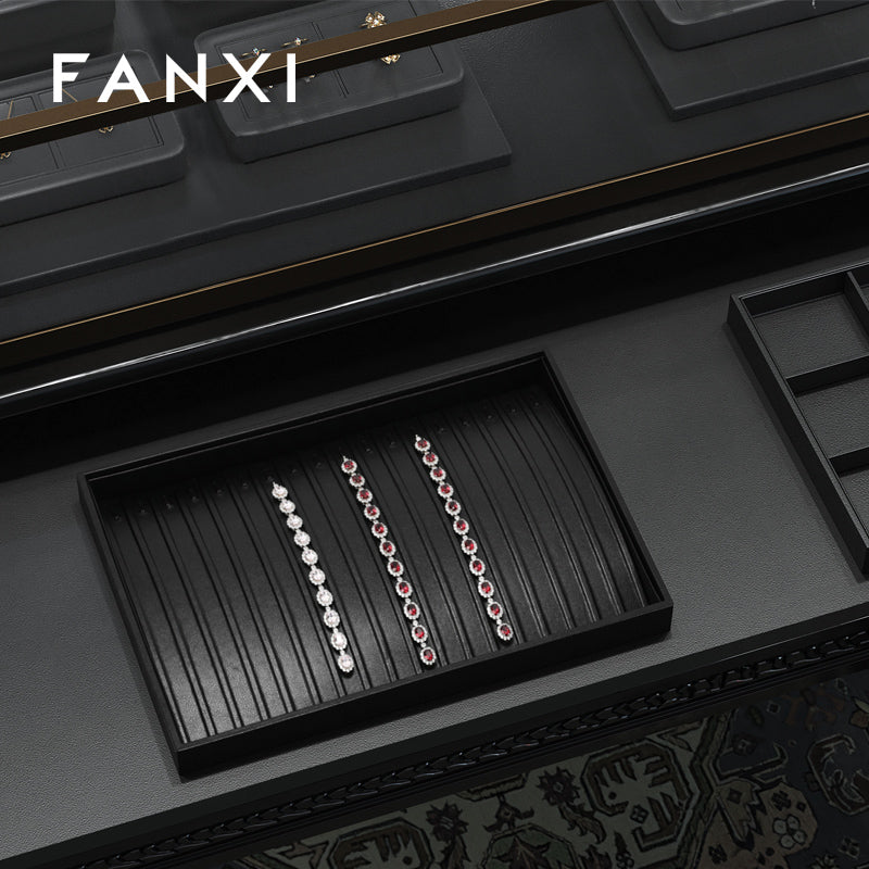 FANXI Black PU Leather Ring Necklace Pendant Earring Display Tray P173