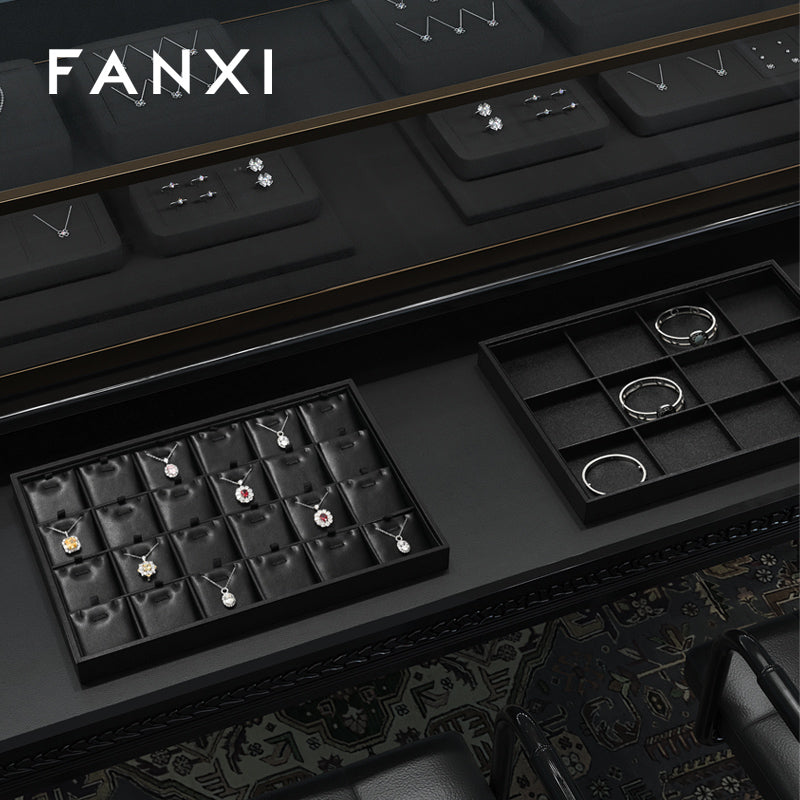 FANXI Black PU Leather Ring Necklace Pendant Earring Display Tray P173