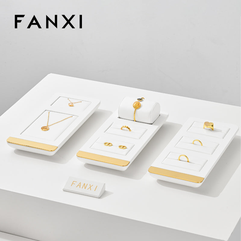 FANXI White PU leather Earrings Ring Necklace Watch Jewelry Display Set TT259 Promotion