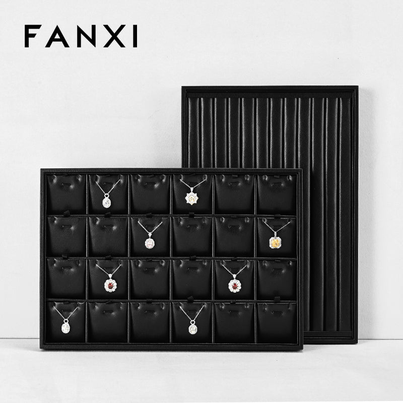 FANXI Black PU Leather Ring Necklace Pendant Earring Display Tray P173