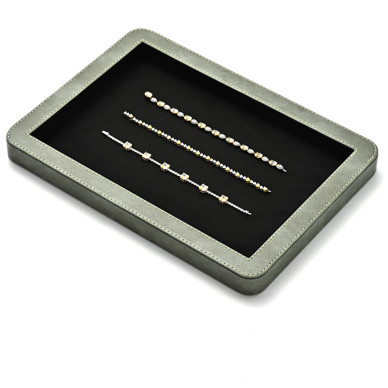 Elegant Round Black/Gray/Green Stitching Jewelry Display Tray P214