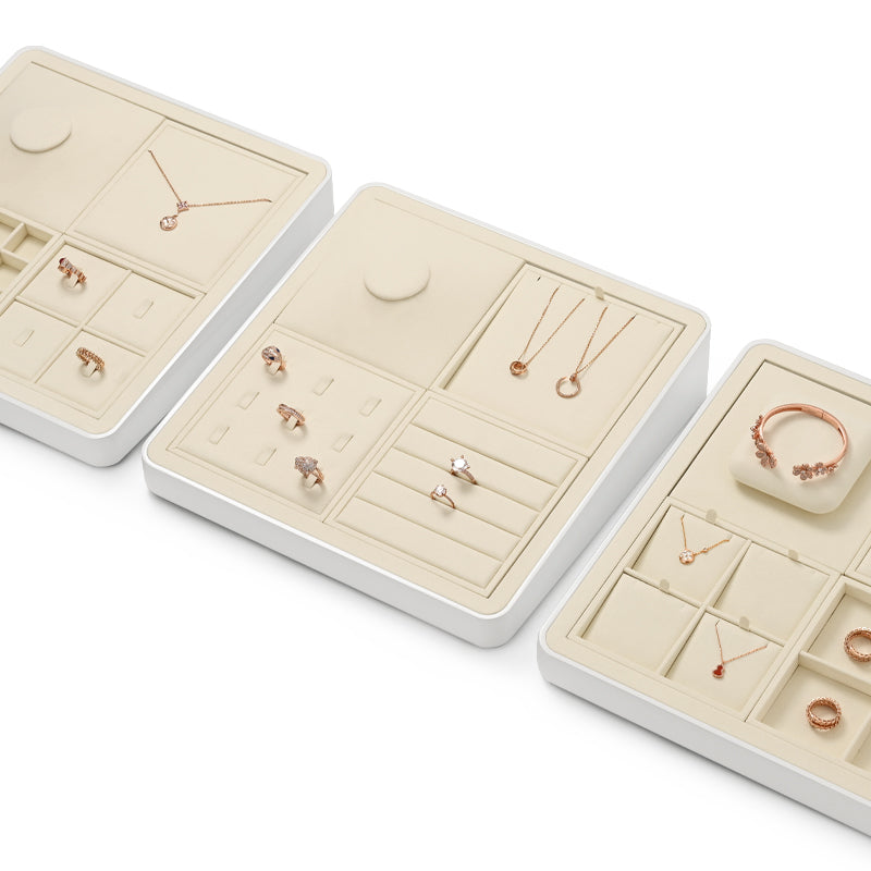 FANXI Luxury Microfiber Beige Ring Necklace Pendant Earring Display Tray P134