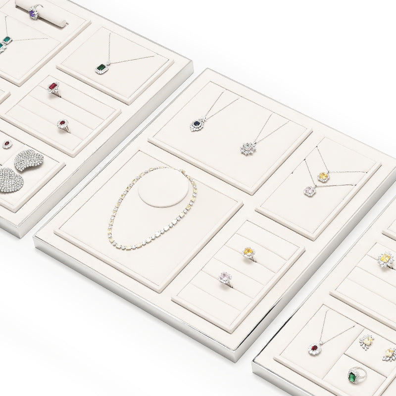 Beige Microfiber Earrings Ring Necklace Jewelry Display Set TT206