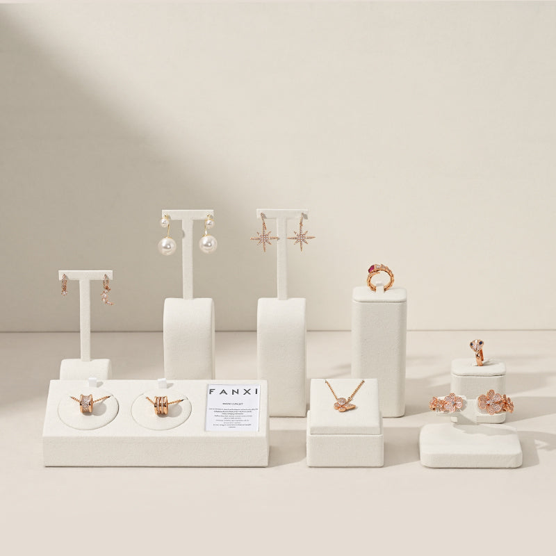 Beige Microfiber Ring Earring Necklace Watch Jewelry Display Set TT196