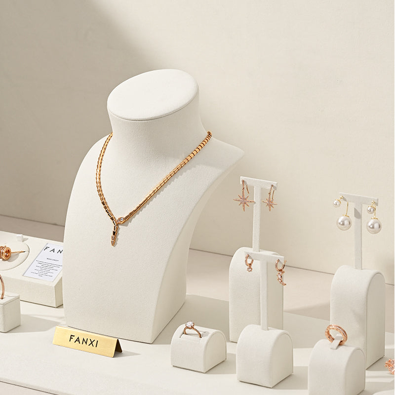Beige Microfiber Ring Earring Necklace Watch Jewelry Display Set TT196
