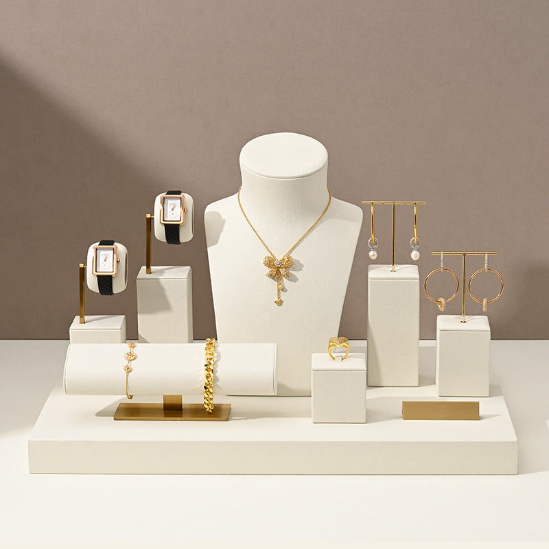 Beige Microfiber Ring Necklace Watch Jewelry Display Set TT191