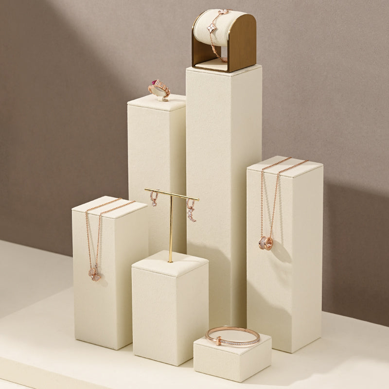 Beige Microfiber Earrings Ring Necklace Jewelry Display Set TT186