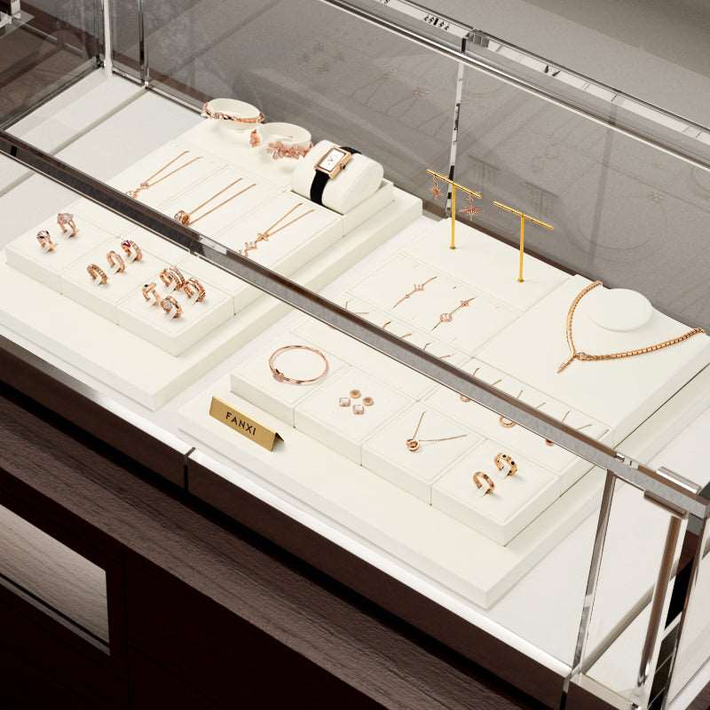 Beige Microfiber Ring Necklace Jewelry Display Set TT168