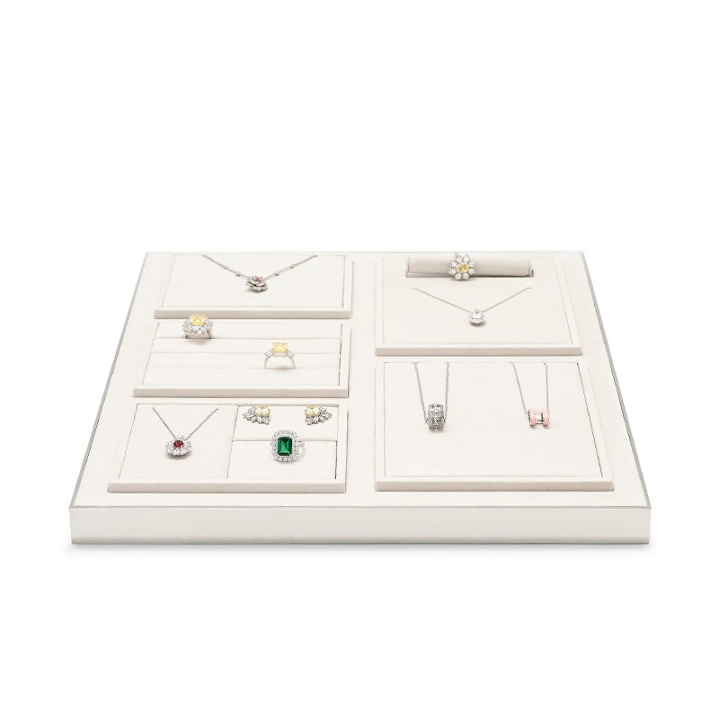 Beige Microfiber Earrings Ring Necklace Jewelry Display Set TT206