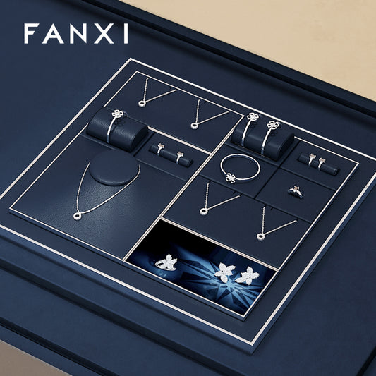 FANXI Blue PU Leather Earrings Ring Necklace Jewelry Display Set TT321