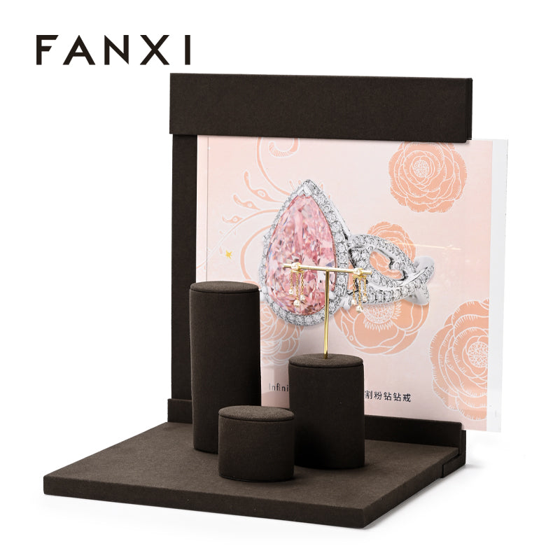 FANXI Brown Microfiber Earrings Ring Necklace Jewelry Display Set TT326