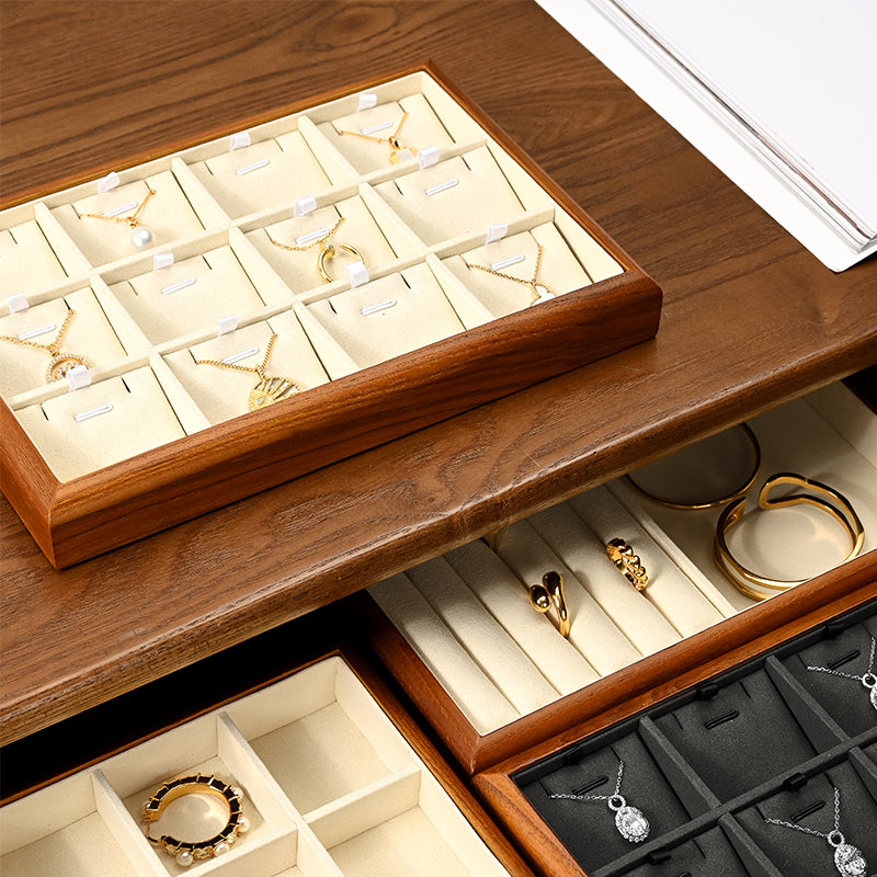 FANXI solid wood jewelry tray for displaying bracelets, rings, and necklaces.P180-182