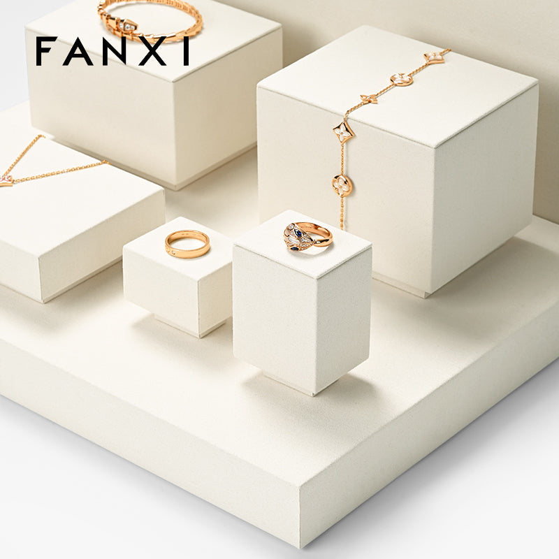 FANXI Beige Microfiber Earrings Ring Necklace Jewelry Display Set TT255