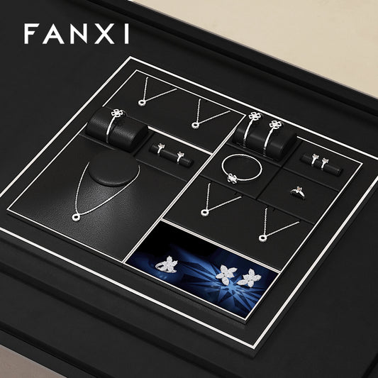 FANXI Black PU Leather Earrings Ring Necklace Jewelry Display Set TT319