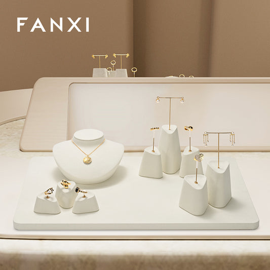 FANXI Beige Microfiber Earrings Ring Necklace Jewelry Display Set TT344