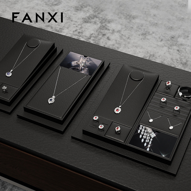 FANXI Black PU Leather Earrings Ring Necklace Jewelry Display Set TT322