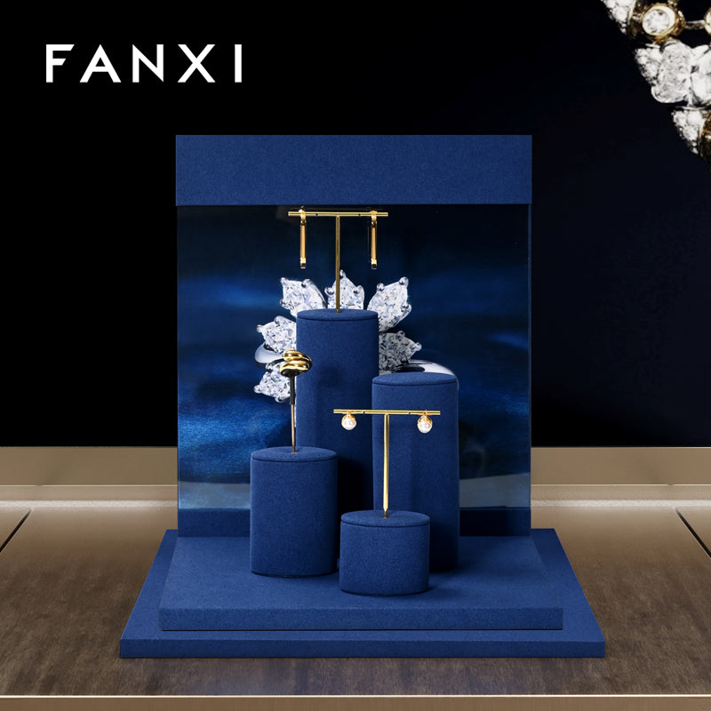 FANXI Blue Microfiber Earrings Ring Necklace Jewelry Display Set TT327