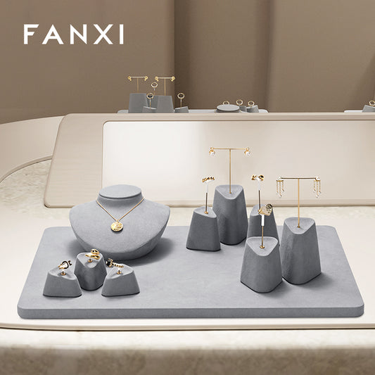 FANXI Grey Microfiber Earrings Ring Necklace Jewelry Display Set TT348