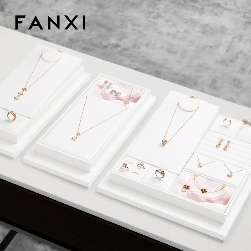 FANXI White PU Leather Earrings Ring Necklace Jewelry Display Set TT323