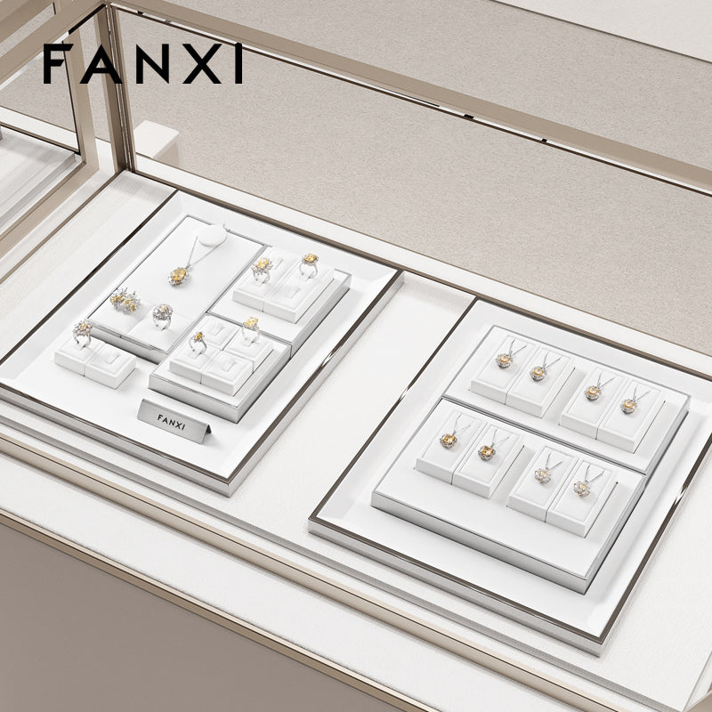 FANXI White PU Leather Ring Pendant Earrings Jewelry Display Set TT372