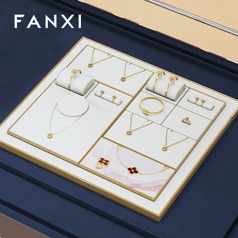 FANXI White PU Leather Earrings Ring Necklace Jewelry Display Set TT320