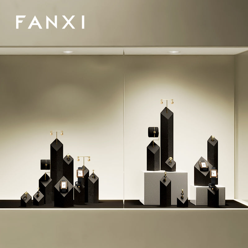 FANXI Black Microfiber Earrings Ring Watch Jewelry Display Set TT301