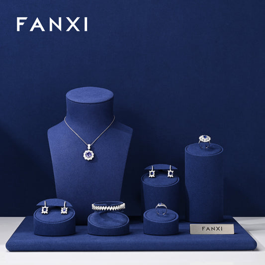 FANXI Blue Microfiber Earrings Ring Necklace Jewelry Display Set TT311