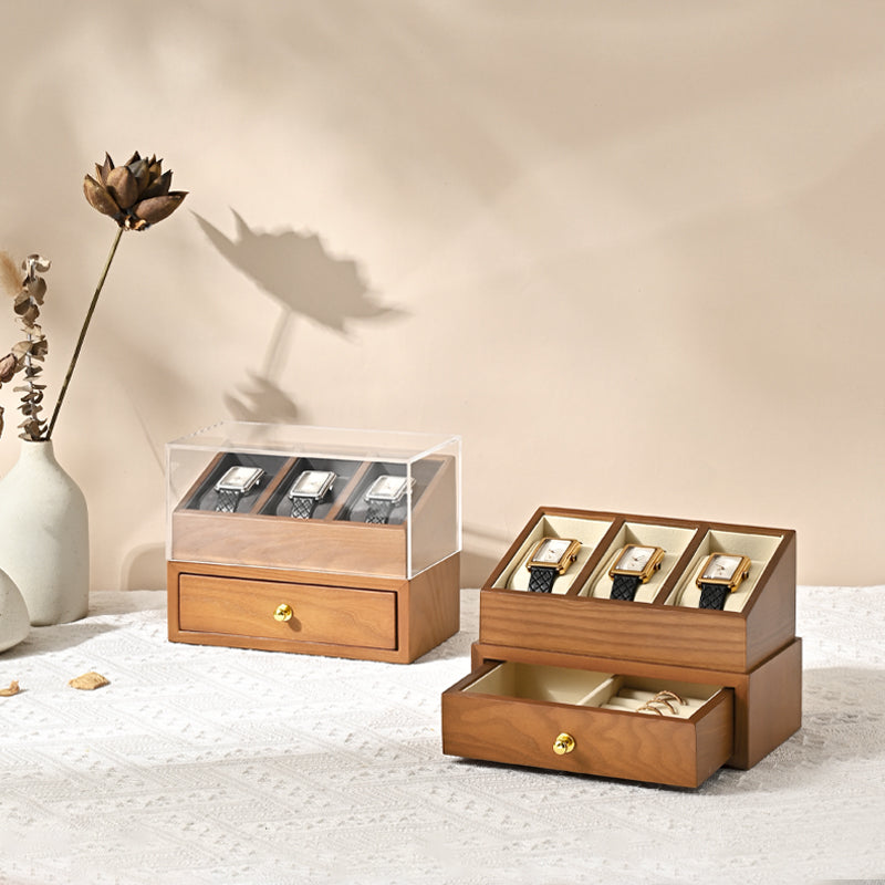 FANXI Multifunctional Solid Wood Watch Storage Box Household Transparent Microfiber Watch Display Case X073
