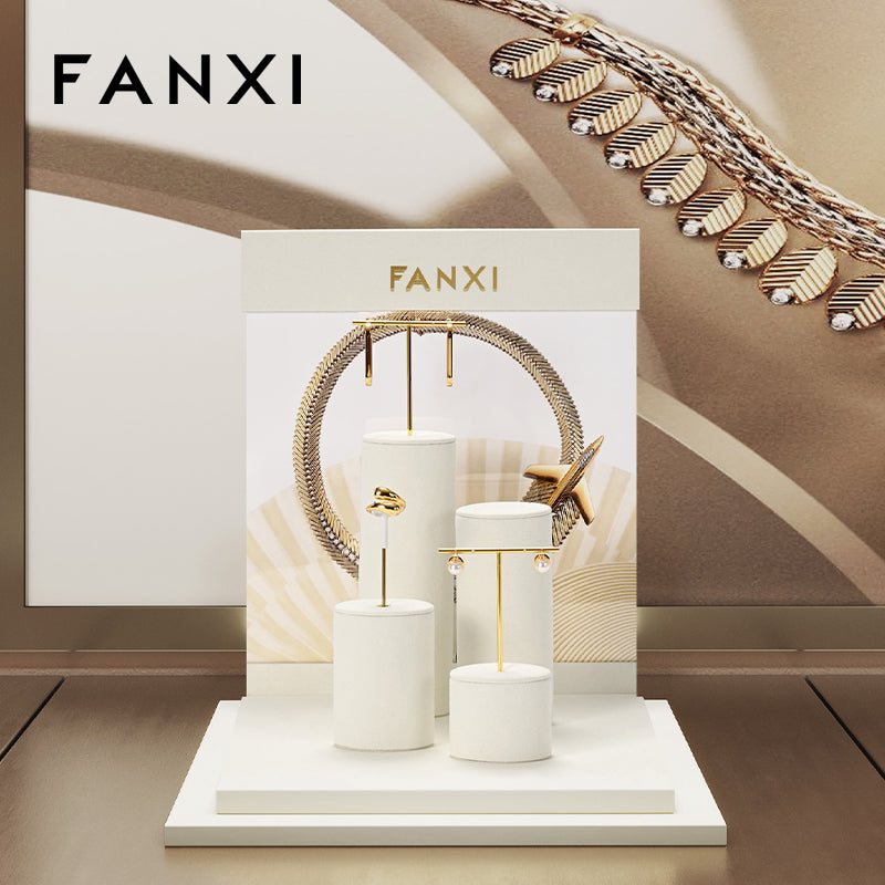 FANXI Beige Microfiber Earrings Ring Necklace Jewelry Display Set TT325