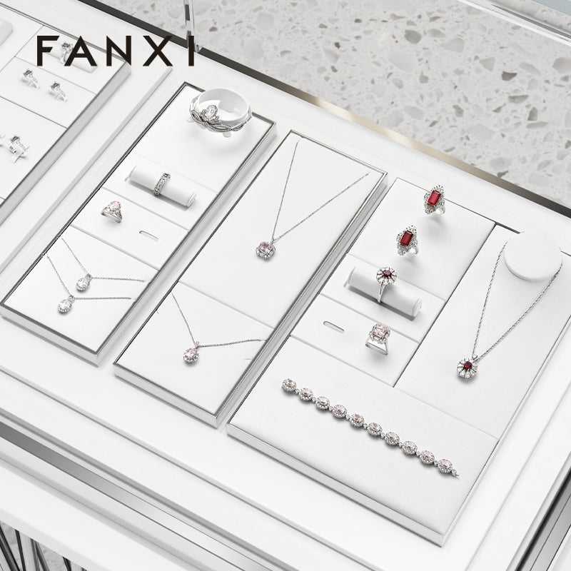 FANXI White PU Leather Earrings Ring Necklace Jewelry Display Set TT317