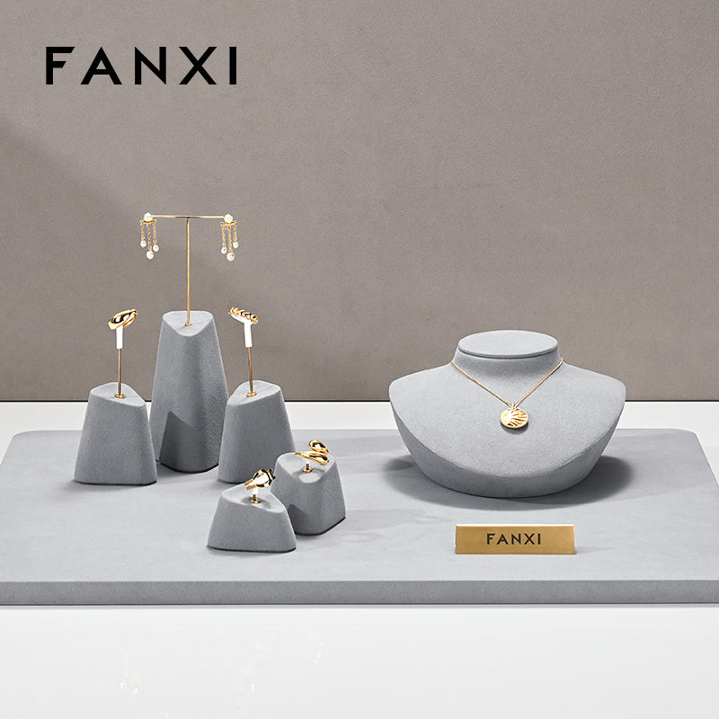 FANXI Grey Microfiber Earrings Ring Necklace Jewelry Display Set TT348