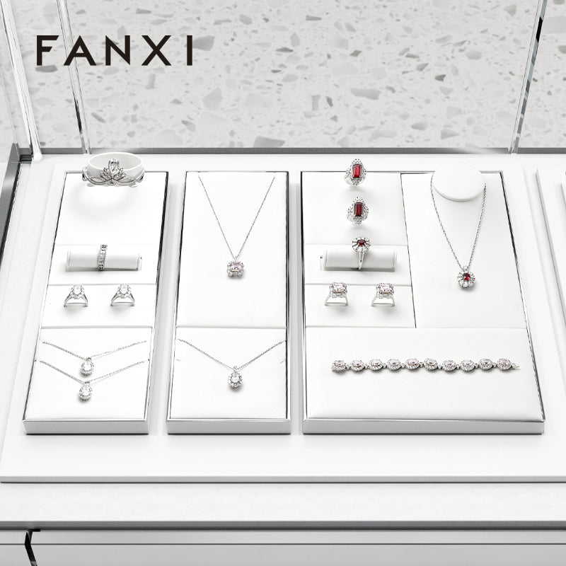 FANXI White PU Leather Earrings Ring Necklace Jewelry Display Set TT317