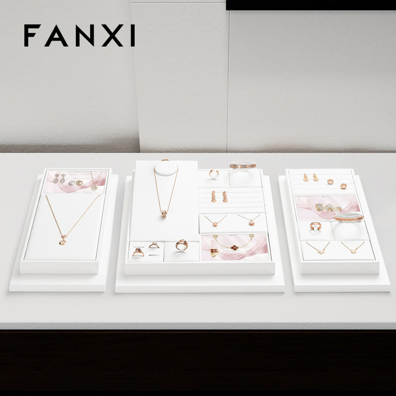 FANXI White PU Leather Earrings Ring Necklace Jewelry Display Set TT323