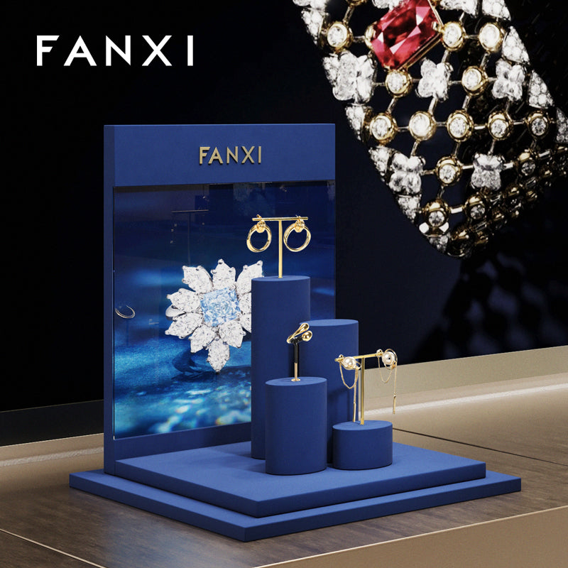 FANXI Blue Microfiber Earrings Ring Necklace Jewelry Display Set TT327