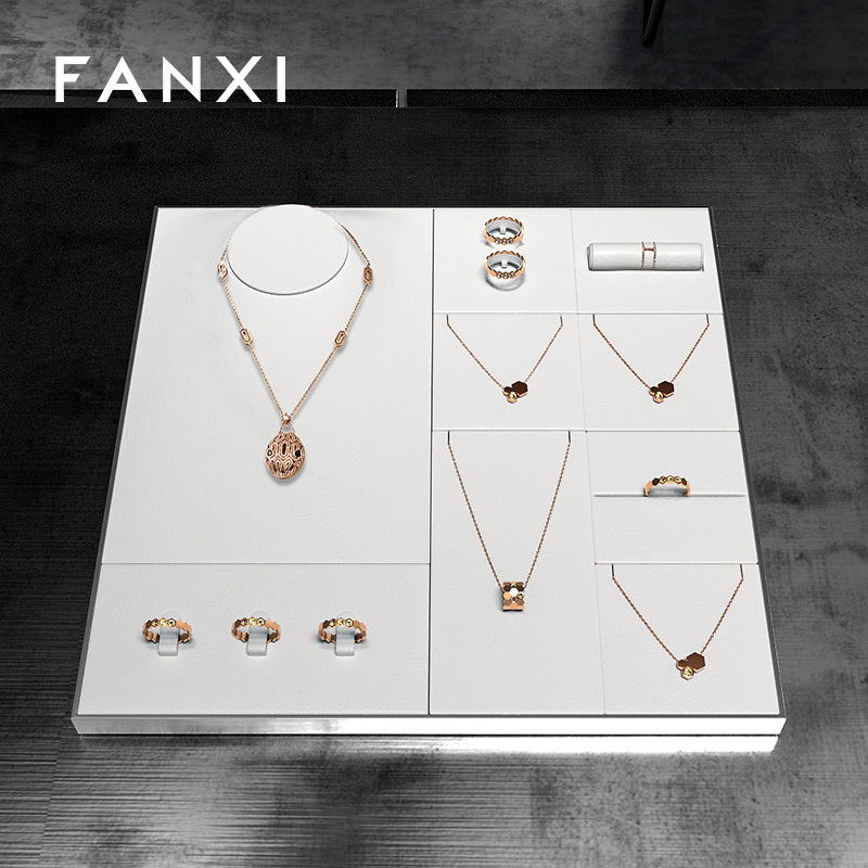 FANXI White PU Earrings Ring Necklace Jewelry Display Set TT299