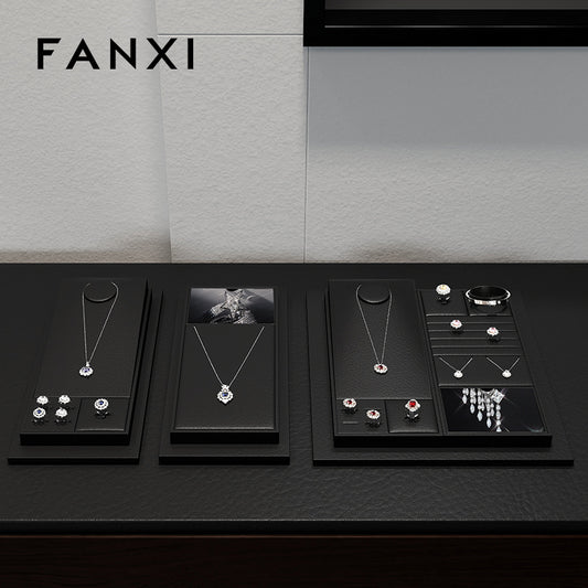 FANXI Black PU Leather Earrings Ring Necklace Jewelry Display Set TT322