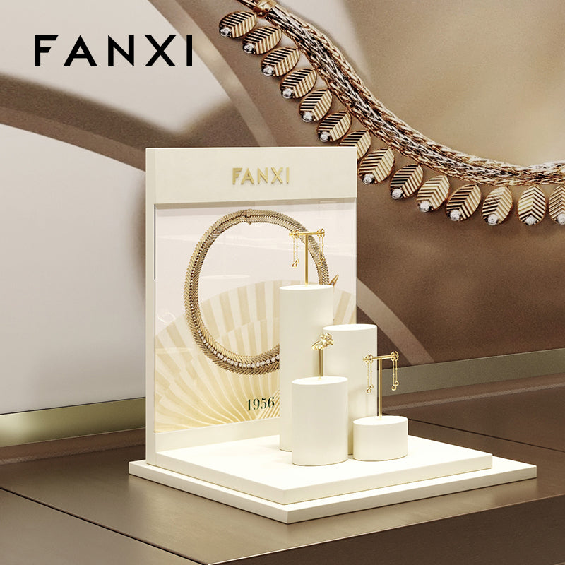 FANXI Beige Microfiber Earrings Ring Necklace Jewelry Display Set TT325