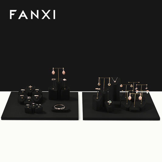 FANXI Black Microfiber Earrings Ring Necklace Jewelry Display Set TT350