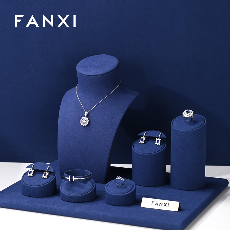 FANXI Blue Microfiber Earrings Ring Necklace Jewelry Display Set TT311