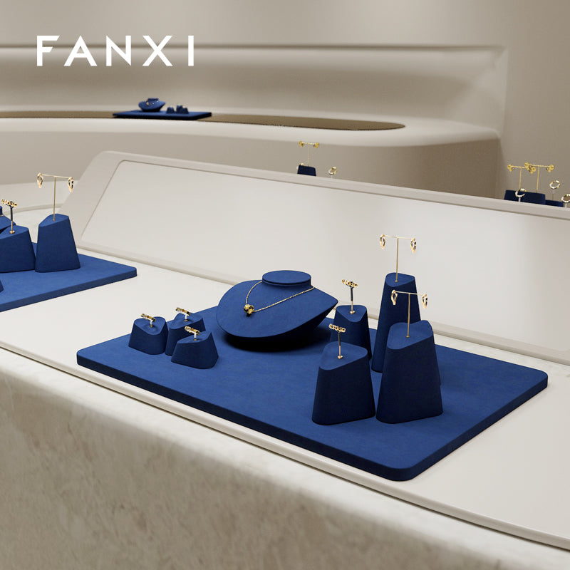 FANXI Blue Microfiber Earrings Ring Necklace Jewelry Display Set TT347