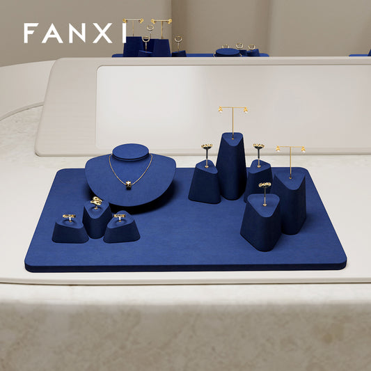 FANXI Blue Microfiber Earrings Ring Necklace Jewelry Display Set TT347