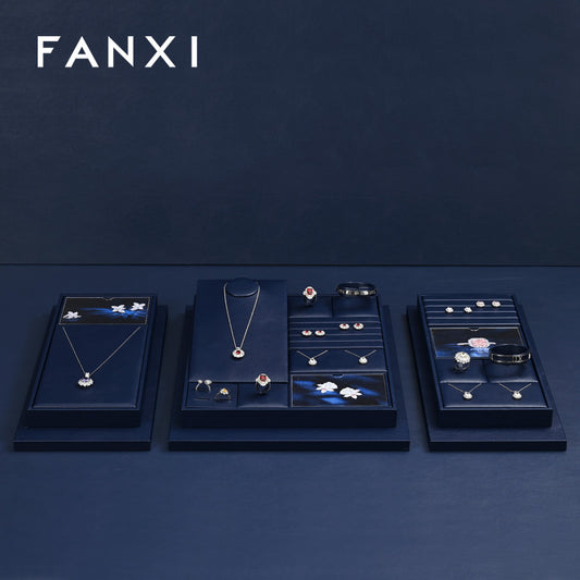 FANXI Blue PU Leather Earrings Ring Necklace Jewelry Display Set TT324