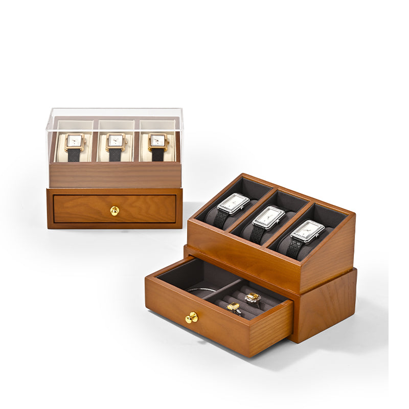 FANXI Multifunctional Solid Wood Watch Storage Box Household Transparent Microfiber Watch Display Case X073