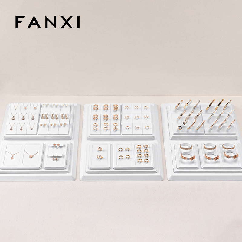 FANXI White PU Leather Ring Pendant Earrings Jewelry Display Set TT404