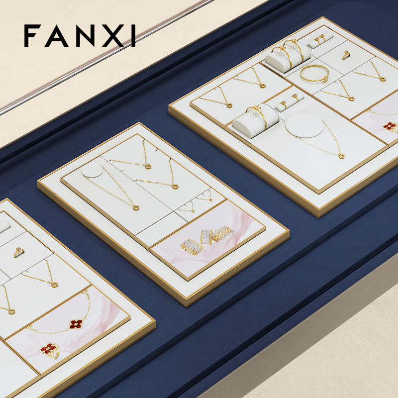 FANXI White PU Leather Earrings Ring Necklace Jewelry Display Set TT320