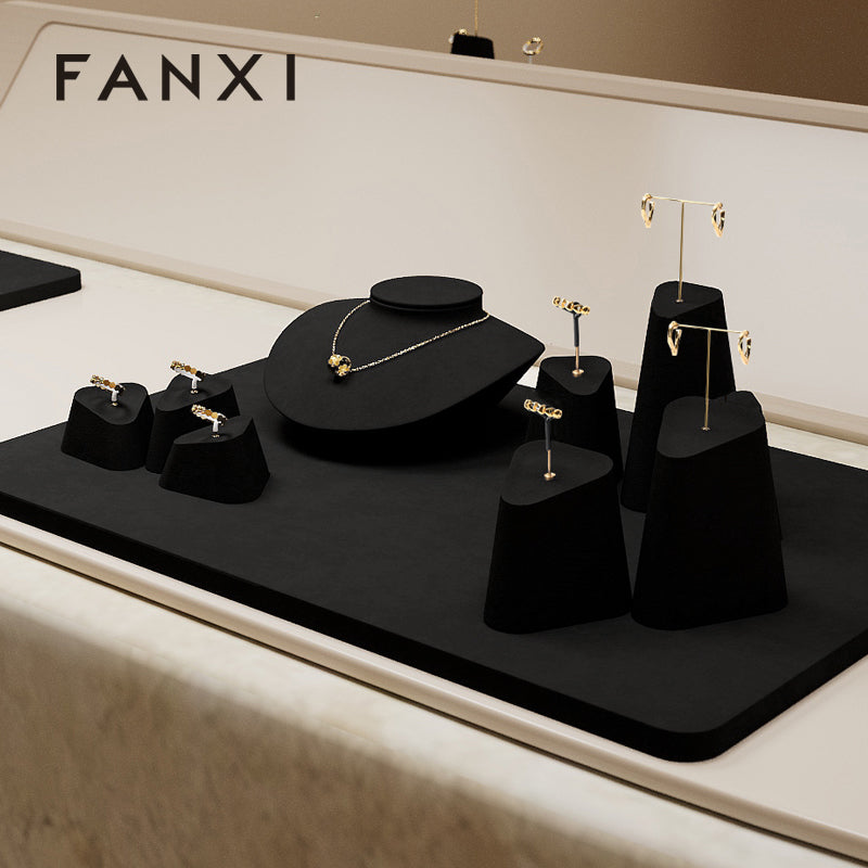 FANXI Black Microfiber Earrings Ring Necklace Jewelry Display Set TT345