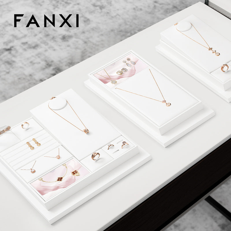 FANXI White PU Leather Earrings Ring Necklace Jewelry Display Set TT323