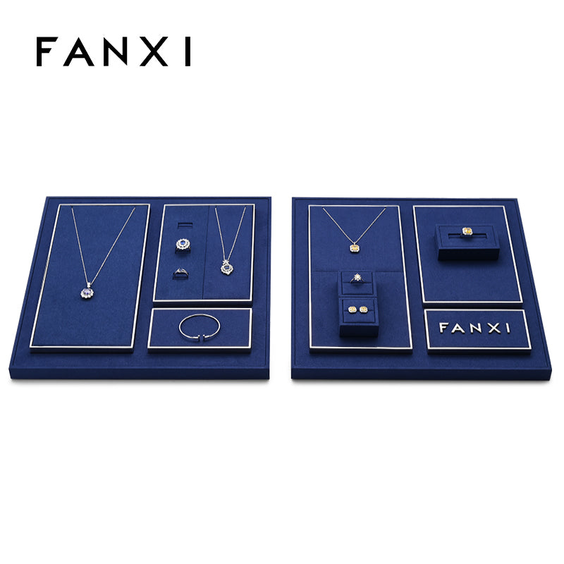 FANXI Blue Microfiber Earrings Ring Necklace Jewelry Display Set TT266