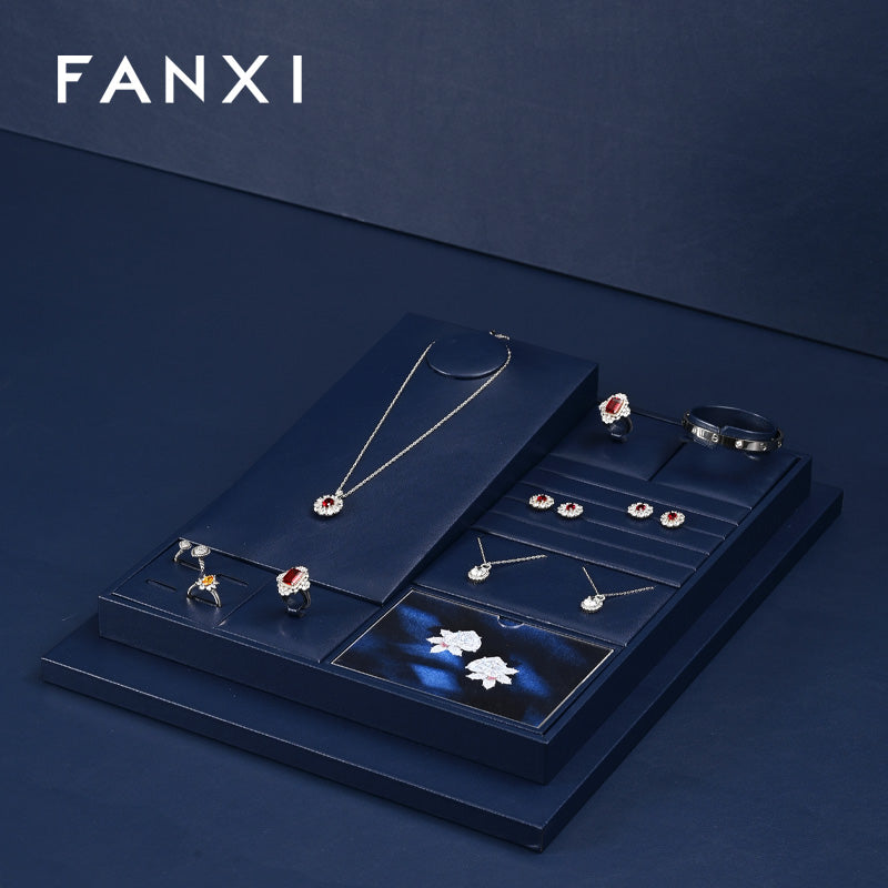 FANXI Blue PU Leather Earrings Ring Necklace Jewelry Display Set TT324